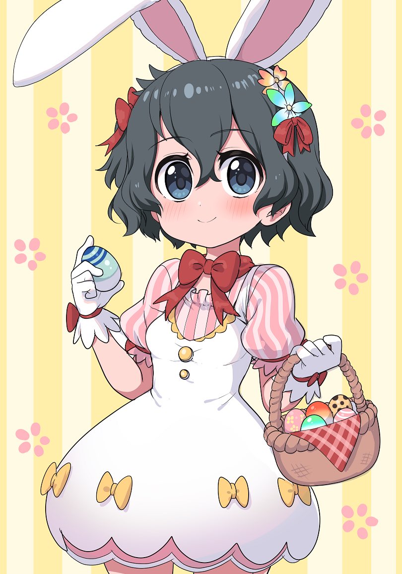 1girl alternate_costume animal_ears basket black_hair blue_eyes blush bow bowtie commentary_request cosplay dress easter easter_bunny easter_bunny_(cosplay) easter_egg egg eyebrows_visible_through_hair flower gloves hair_bow hair_flower hair_ornament kaban_(kemono_friends) kemono_friends no_hat no_headwear puffy_short_sleeves puffy_sleeves rabbit_ears ransusan red_bow red_neckwear red_ribbon ribbon short_hair short_sleeves solo striped_sleeves white_dress white_gloves yellow_bow
