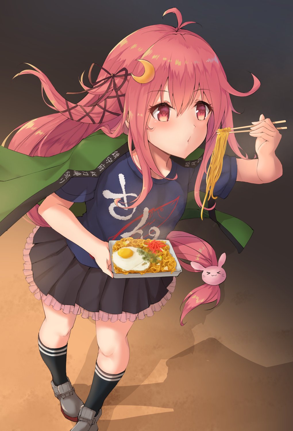 1girl ahoge black_skirt blue_shirt bunny_hair_ornament chopsticks clothes_on_shoulders clothes_writing commentary_request crescent crescent_hair_ornament eating food fried_egg frilled_skirt frills full_body hair_ornament hair_ribbon happi highres japanese_clothes k_jie kantai_collection long_hair noodles pink_hair ribbon shirt skirt solo standing t-shirt uzuki_(kantai_collection) yakisoba