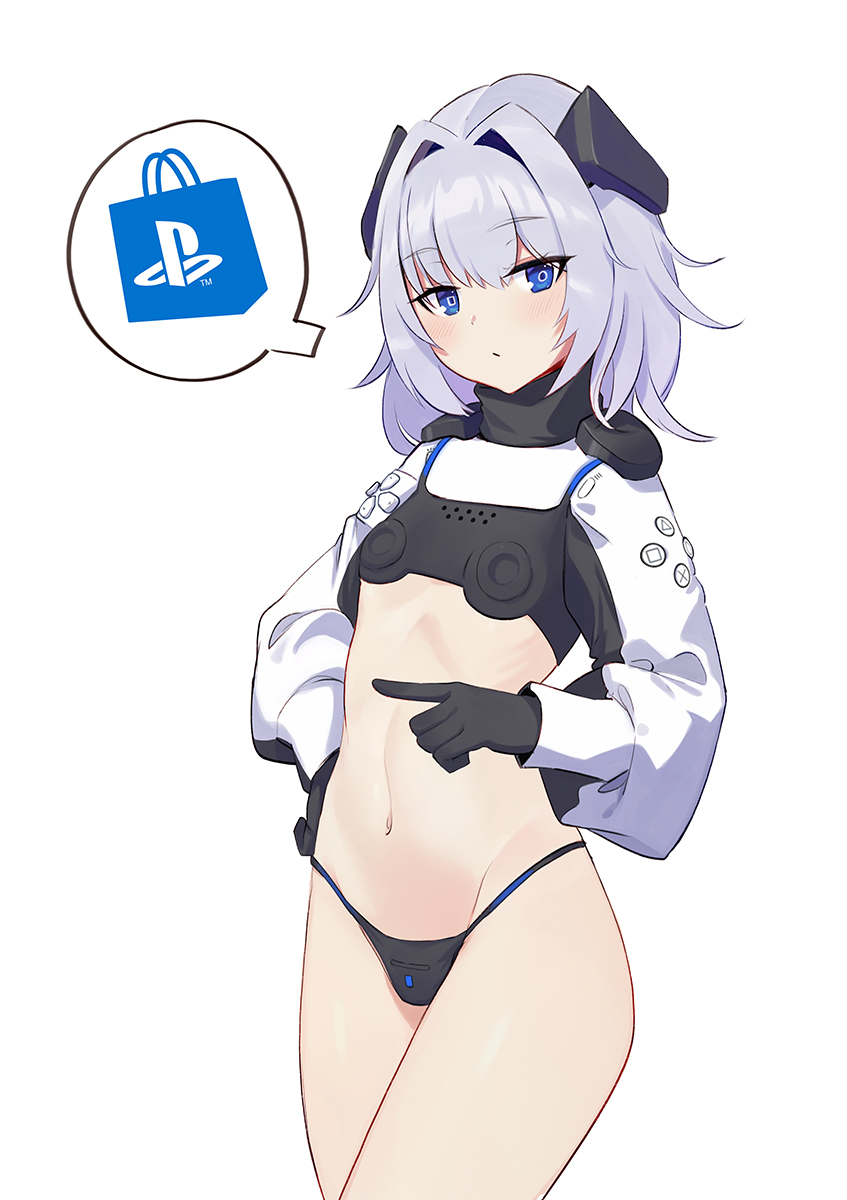 1girl black_gloves black_panties blue_eyes buttons closed_mouth cowboy_shot crop_top dualsense expressionless flat_chest game_console gloves groin hair_intakes hair_ornament hand_on_hip highres logo long_sleeves looking_at_viewer medium_hair navel no_pants original panties personification playstation playstation_5 pointing puffy_sleeves ranyu revealing_clothes silver_hair simple_background solo sony spoken_object stomach string_panties symbol-shaped_pupils thighs underwear white_background