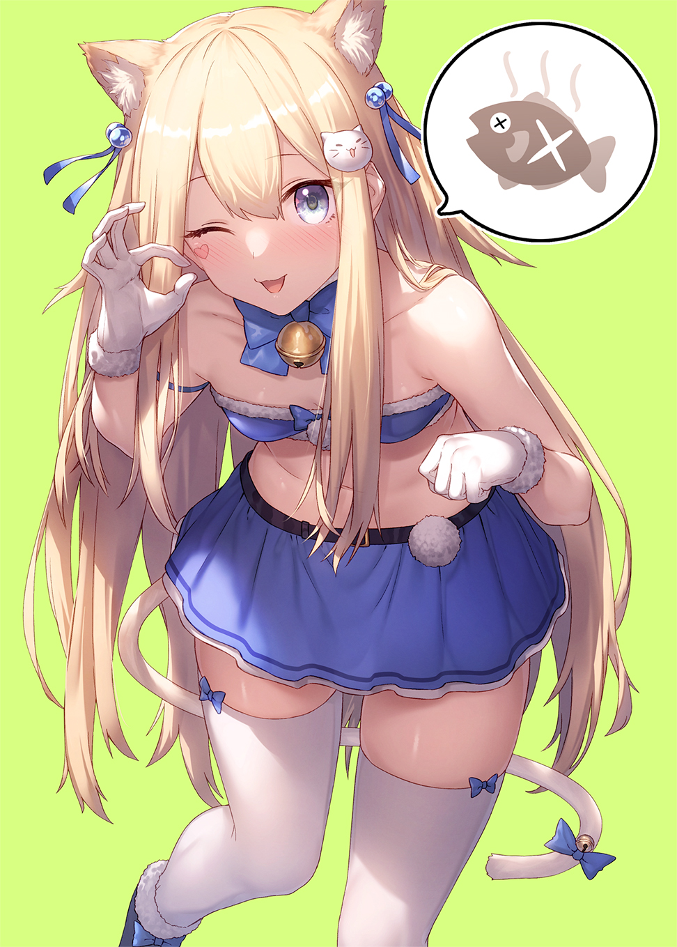 1girl ;d animal_ear_fluff animal_ears bandeau bangs bare_arms bare_shoulders bell blonde_hair blue_bow blue_footwear blue_neckwear blue_ribbon blue_skirt blush boots bow bowtie breasts cat_ears cat_tail collarbone commentary_request eyebrows_visible_through_hair fish fur-trimmed_boots fur-trimmed_gloves fur_trim gloves green_background grey_eyes hair_between_eyes hair_bobbles hair_ornament hair_ribbon hand_up heart highres ibuki_notsu jingle_bell leaning_forward long_hair looking_at_viewer midriff miniskirt navel ok_sign one_eye_closed open_mouth original paw_pose pom_pom_(clothes) ribbon sidelocks skirt skirt_set small_breasts smile solo standing stomach strapless tail tail_bow thigh-highs thighs tubetop very_long_hair white_gloves white_legwear zettai_ryouiki