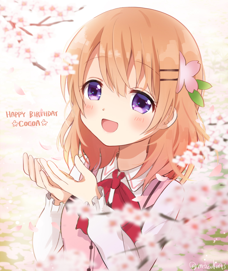 1girl :d bangs blurry blurry_foreground blush cherry_blossoms commentary cupping_hands depth_of_field eyebrows_visible_through_hair flower gochuumon_wa_usagi_desu_ka? hair_between_eyes hair_ornament hairclip happy hoto_cocoa long_sleeves medium_hair mozukun43 open_mouth orange_hair pink_vest rabbit_house_uniform shirt smile solo twitter_username vest violet_eyes white_shirt