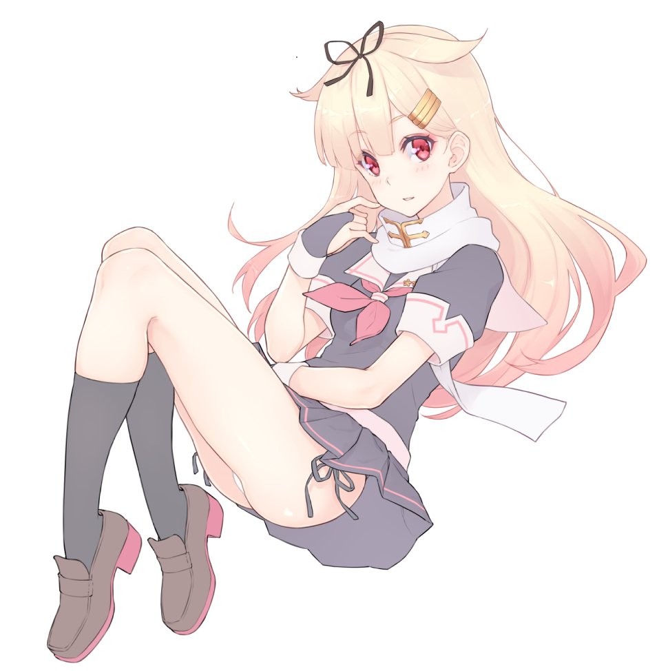 1girl black_legwear black_ribbon black_serafuku blonde_hair dan_(kumadan) gradient_hair hair_flaps hair_ornament hair_ribbon hairclip kantai_collection long_hair multicolored_hair neckerchief panties red_eyes remodel_(kantai_collection) ribbon scarf school_uniform serafuku socks solo underwear white_panties white_scarf yuudachi_(kantai_collection)