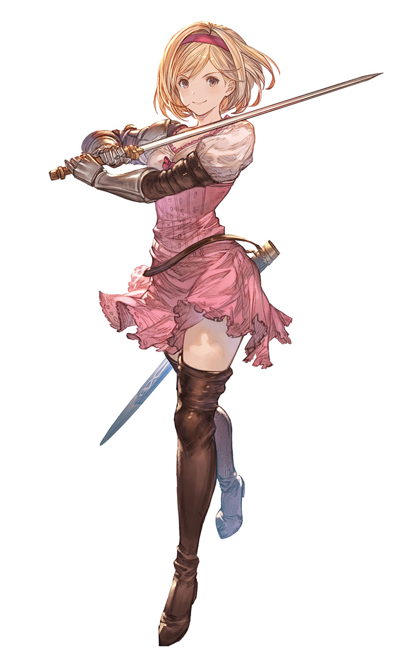 1girl bangs belt blonde_hair boots brown_eyes brown_footwear closed_mouth djeeta_(granblue_fantasy) dress full_body gauntlets granblue_fantasy granblue_fantasy_versus hairband highres holding holding_sword holding_weapon looking_at_viewer minaba_hideo official_art pink_dress puffy_sleeves sheath shiny shiny_hair short_dress short_hair simple_background smile solo standing sword thigh-highs thigh_boots weapon white_background zettai_ryouiki