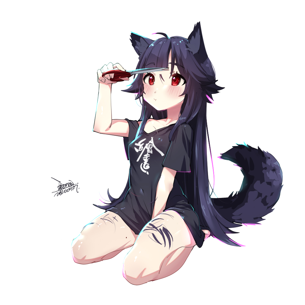 1girl :t animal_ears black_hair black_shirt cutting_hair cutting_own_hair dated ejami ekko_(ejami) fox_ears fox_girl fox_tail full_body long_hair naked_shirt original red_eyes scissors severed_hair shirt short_sleeves signature simple_background sitting tail white_background