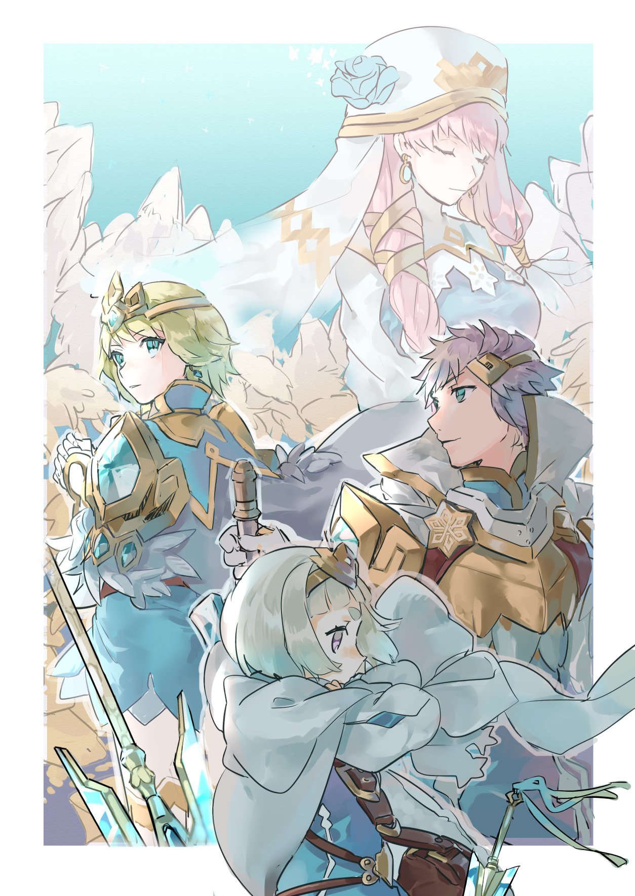 1boy 3girls armor blonde_hair blue_eyes blue_hair brother_and_sister closed_eyes closed_mouth dagger earrings feather_trim fire_emblem fire_emblem_heroes fjorm_(fire_emblem) from_side gradient_hair gunnthra_(fire_emblem) highres holding hrid_(fire_emblem) hukashin jewelry long_hair multicolored_hair multiple_girls pink_hair polearm short_hair siblings sisters tiara veil weapon white_hair ylgr_(fire_emblem)