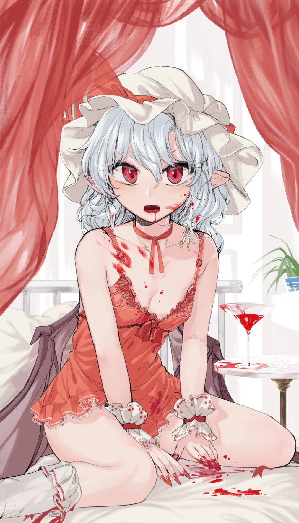 1girl babydoll bare_shoulders bat_wings blood blood_on_face breasts choker commentary_request cup drinking_glass fingernails geppewi hat hat_ribbon highres indoors light_blue_hair long_fingernails long_hair looking_at_viewer mob_cap nail_polish on_bed open_mouth plant pointy_ears potted_plant red_eyes red_nails red_ribbon remilia_scarlet ribbon ribbon_choker sitting small_breasts solo table touhou wariza white_headwear wings wrist_cuffs