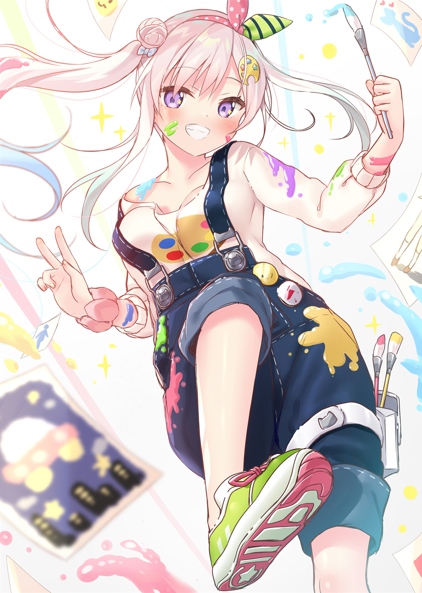 1girl :d airani_iofifteen bare_shoulders blurry breasts buttons depth_of_field grin hair_bun highres hololive long_sleeves open_mouth overalls paint_splatter paintbrush palette shoes smile sneakers solo violet_eyes virtual_youtuber white_hair yano_mitsuki