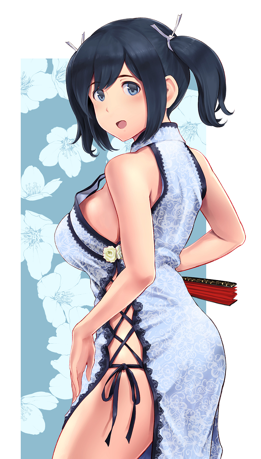 1girl alternate_costume ass bangs black_hair blue_eyes blue_hair blush breasts china_dress chinese_clothes closed_fan cowboy_shot dress eyebrows_visible_through_hair fan floral_background folding_fan from_behind hair_ribbon highres kantai_collection large_breasts long_hair looking_at_viewer open_mouth ribbon short_hair side-tie_dress sideboob simple_background smile solo souryuu_(kantai_collection) twintails two-tone_background wa_(genryusui) white_dress