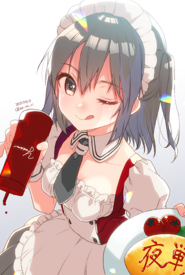 1girl adapted_costume alternate_costume apron black_hair black_neckwear brown_eyes cherry_tomato dated detached_collar enmaided food hair_between_eyes holding holding_plate kantai_collection ketchup koruri maid maid_apron maid_dress maid_headdress necktie night_battle_idiot omelet one_eye_closed plate puffy_short_sleeves puffy_sleeves sendai_(kantai_collection) short_hair short_sleeves smile solo tomato tongue tongue_out translated twitter_username two_side_up