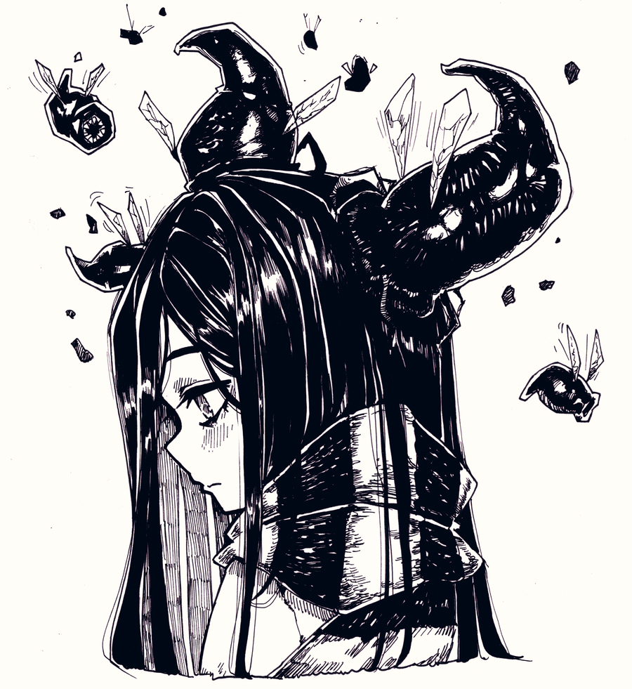 1girl amissio aria_wintermint blush bug closed_mouth eyebrows_visible_through_hair from_side frown greyscale hair_over_one_eye horns long_hair looking_away monochrome parororo sad solo upper_body