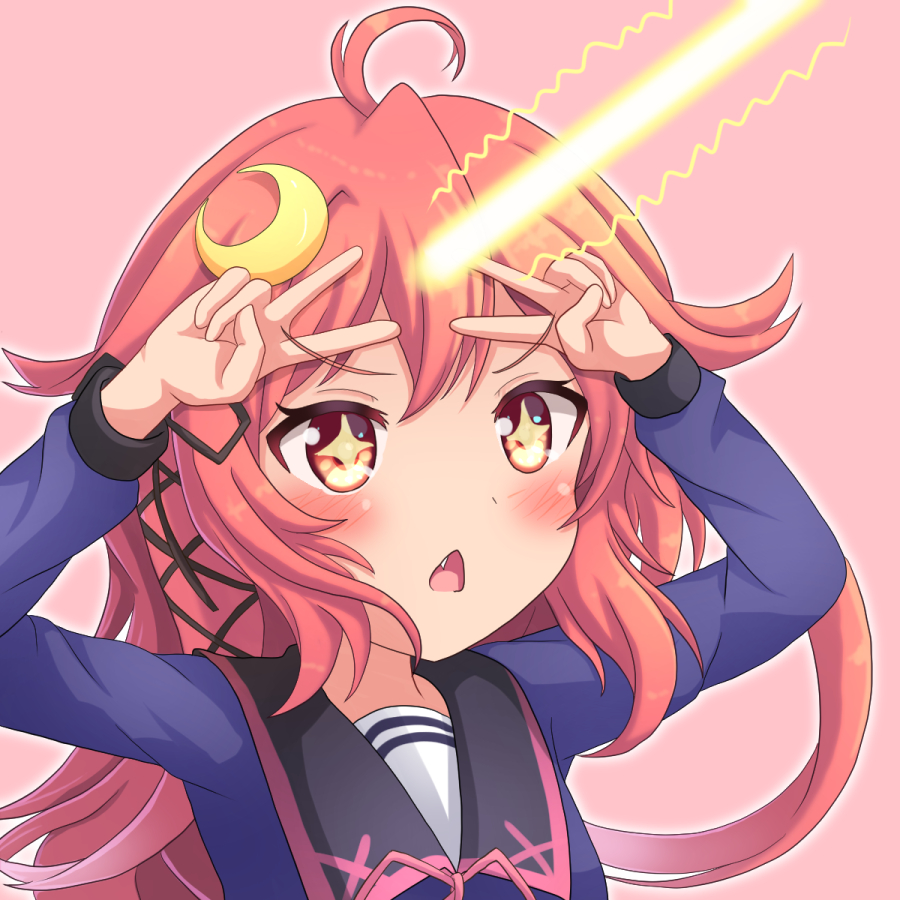 +_+ 1girl ahoge arms_up black_ribbon black_sailor_collar blue_shirt blush chestnut_mouth commentary_request crescent crescent_hair_ornament double_v fang forehead_beam hair_ornament hair_ribbon kantai_collection long_hair long_sleeves looking_away neck_ribbon open_mouth outline pink_background pink_ribbon red_eyes redhead ribbon sailor_collar school_uniform serafuku shirt shiruzu_(sk10102194) solo upper_body uzuki_(kantai_collection) v white_outline