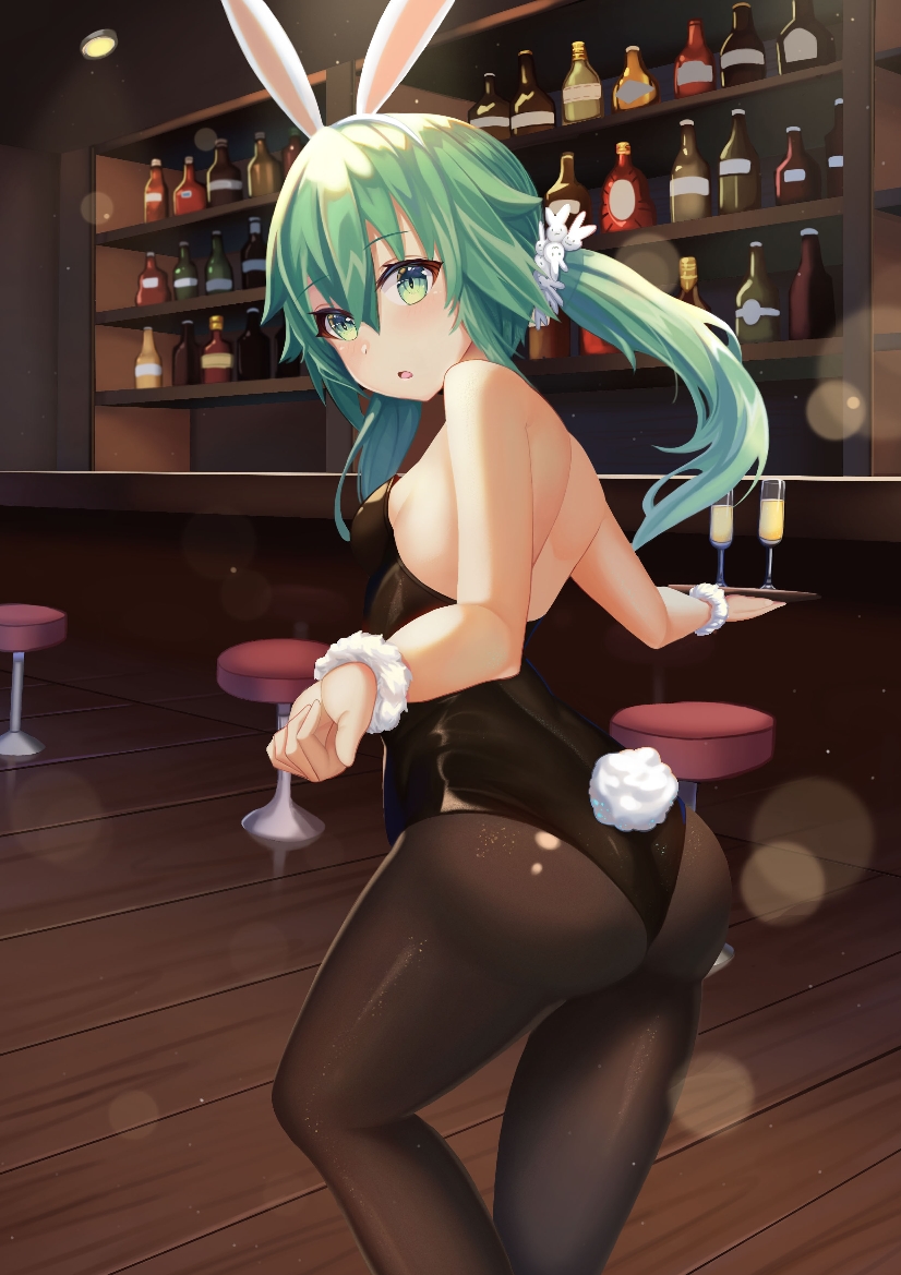 1girl alcohol animal_ears ass backless_leotard bar bar_stool bare_shoulders black_leotard blush bottle breasts bunny_girl bunny_hair_ornament bunny_tail counter cup date_a_live drinking_glass from_behind green_eyes green_hair hair_between_eyes hair_ornament holding holding_tray indoors jme131456 leaning_forward leotard long_hair looking_at_viewer looking_back natsumi_(date_a_live) open_mouth pantyhose rabbit_ears small_breasts solo stool tail thighs tray twintails