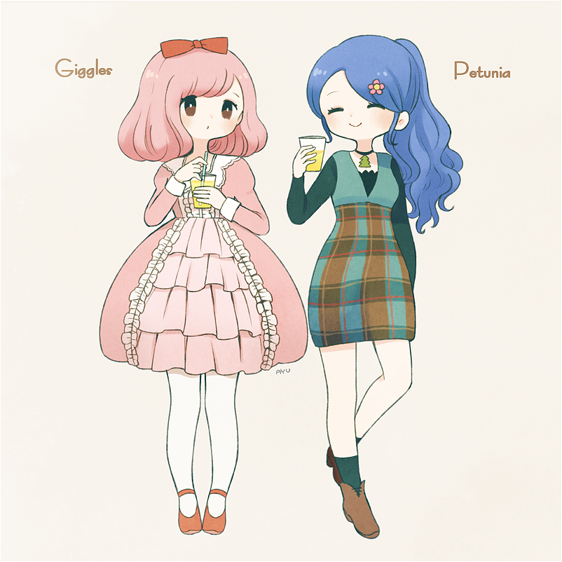 2girls ankle_boots ayu_(mog) black_choker blue_hair boots bow bright_pupils brown_eyes brown_footwear choker closed_eyes cup dress drinking_glass drinking_straw facing_viewer flower giggles green_legwear grey_background hair_bow hair_flower hair_ornament happy_tree_friends holding holding_cup juliet_sleeves long_sleeves medium_hair multiple_girls pencil_dress personification petunia pink_dress pink_flower pink_hair ponytail puffy_sleeves red_bow red_footwear shoes signature simple_background smile