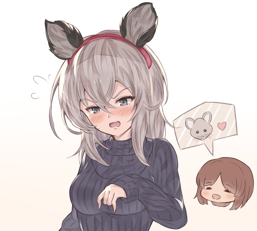 2girls animal_ears arutoria_(187497382) bad_id bad_twitter_id bangs blush brown_hair casual chibi chibi_inset closed_eyes commentary fake_animal_ears flying_sweatdrops frown girls_und_panzer grey_eyes grey_hair grey_sweater heart itsumi_erika long_sleeves medium_hair mouse mouse_ears multiple_girls nishizumi_miho open_mouth ribbed_sweater short_hair smile speech_bubble sweater tearing_up turtleneck turtleneck_sweater