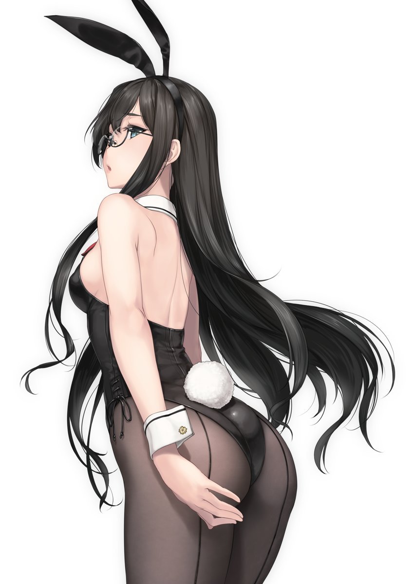 1girl alternate_costume animal_ears ass black_hair black_legwear breasts glasses highres kantai_collection long_hair looking_at_viewer ooyodo_(kantai_collection) rokuwata_tomoe simple_background small_breasts solo upper_body white_background