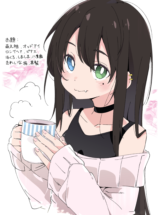1girl black_choker black_hair blue_eyes choker closed_mouth coffee collarbone commentary_request copyright_request cup fang green_eyes heterochromia holding holding_cup ixy long_hair long_sleeves looking_at_viewer mole mole_under_eye solo steam sweater translation_request