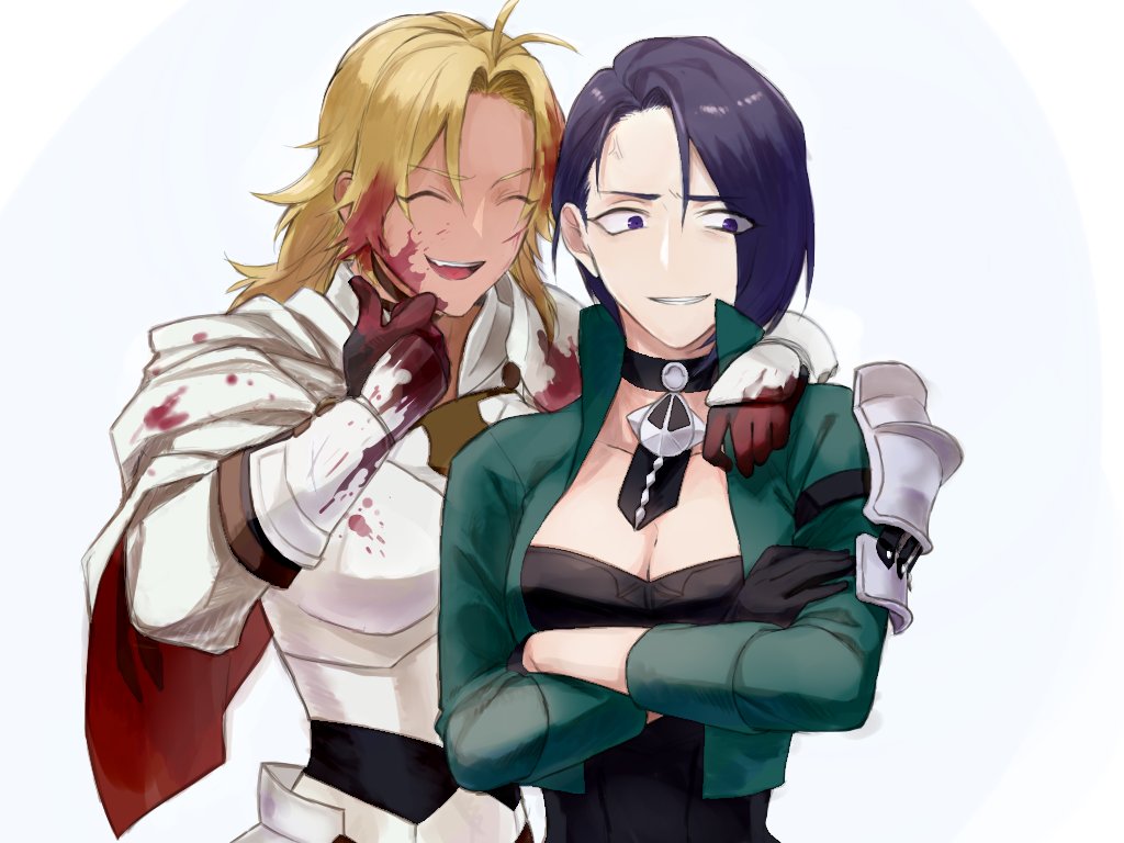 2girls anger_vein armor black_gloves black_hair blonde_hair blood blood_on_face bloody_clothes catherine_(fire_emblem) closed_eyes crossed_arms fire_emblem fire_emblem:_three_houses gloves kontaro0 long_hair long_sleeves multiple_girls open_mouth shamir_nevrand short_hair simple_background upper_body white_background