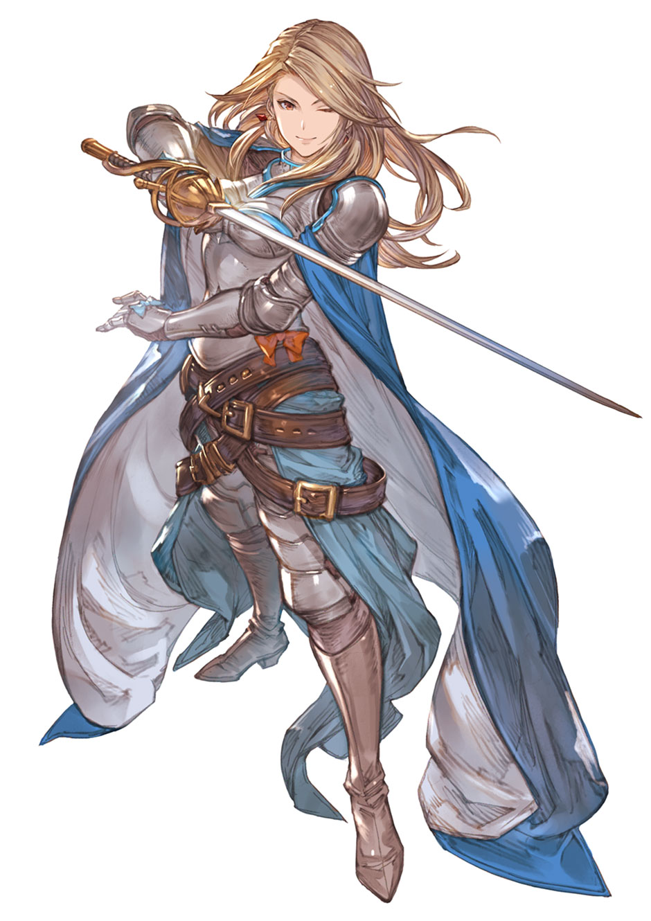 1girl armor armored_boots belt boots breastplate brown_hair cape closed_mouth earrings full_body gauntlets granblue_fantasy granblue_fantasy_versus highres holding holding_sword holding_weapon jewelry katalina_aryze lips long_hair minaba_hideo official_art one_eye_closed pauldrons ribbon sheath shiny shiny_hair shoulder_armor simple_background smile solo standing sword weapon white_background