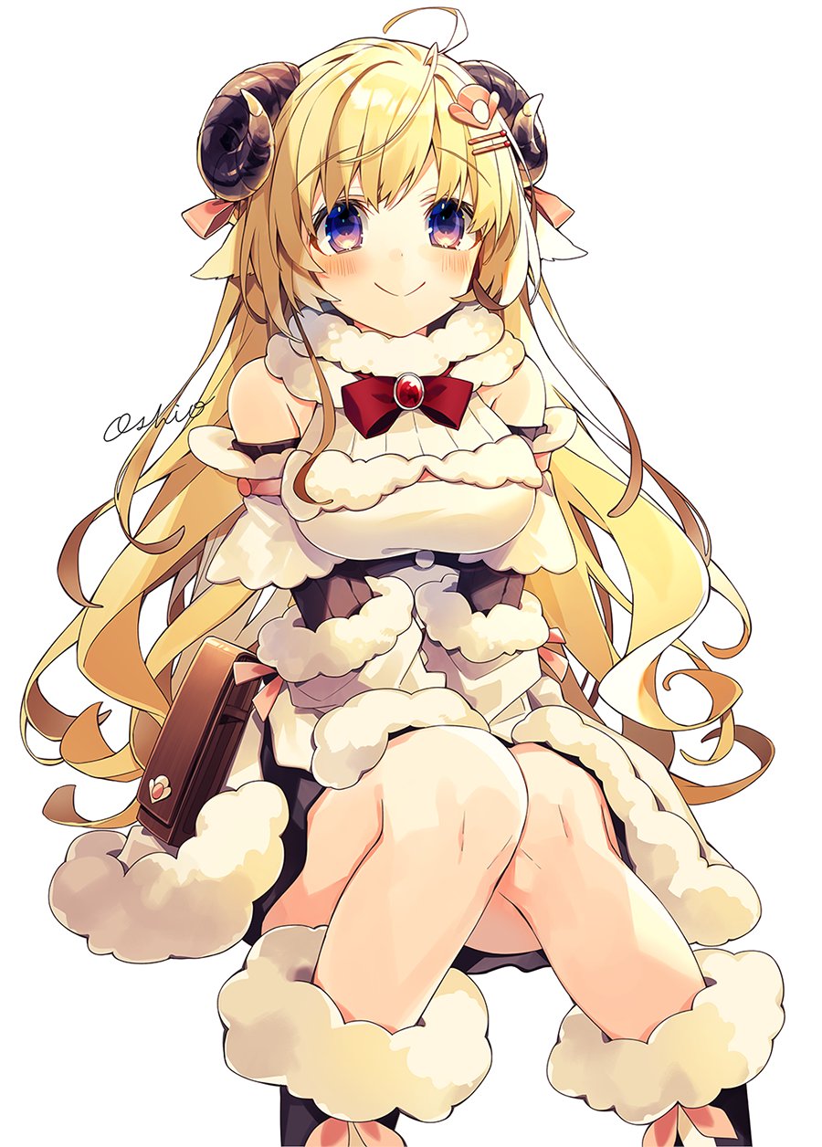1girl ahoge animal_ears arm_warmers artist_name bag black_footwear blonde_hair blush bookbag boots bow bowtie breasts brooch closed_mouth dress eyebrows_visible_through_hair fur-trimmed_boots fur-trimmed_dress fur-trimmed_gloves fur_trim gloves hair_ornament hair_ribbon hairclip hands_on_lap highres hololive horns invisible_chair jewelry knees_together_feet_apart long_hair looking_at_viewer medium_breasts oshio_(dayo) red_neckwear ribbed_sleeves ribbed_sweater ribbon sheep_ears sheep_horns signature simple_background sitting smile solo sweater thighs tsunomaki_watame violet_eyes virtual_youtuber white_background white_dress wool