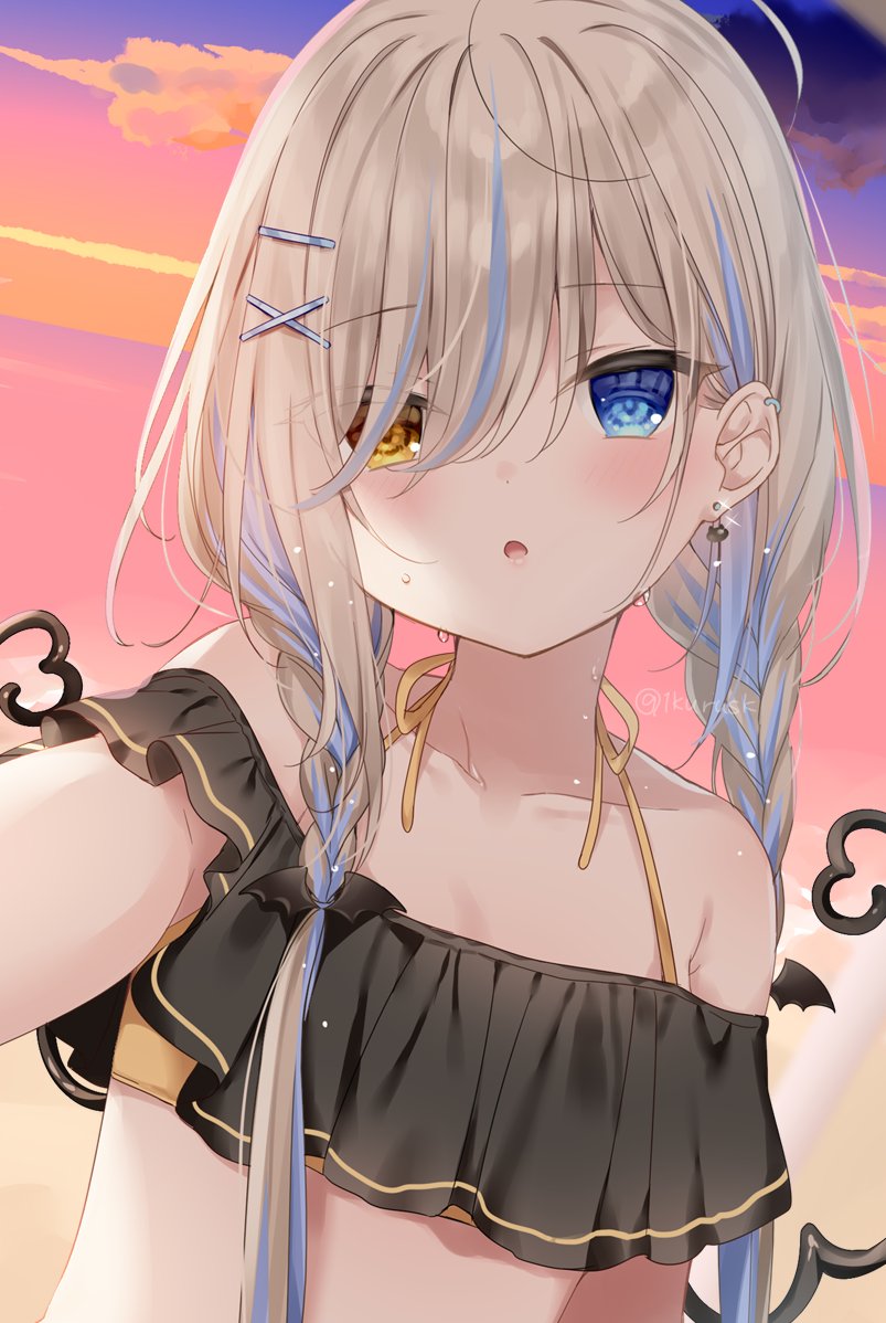 1girl :o bangs bare_shoulders bikini black_bikini blue_eyes blue_hair blush braid brown_eyes brown_hair collarbone commentary_request ear_piercing earrings eyebrows_visible_through_hair hair_ornament hair_over_one_eye hair_over_shoulder hairclip heterochromia horizon jewelry long_hair looking_at_viewer mafuyu_(chibi21) multicolored_hair ocean original outdoors parted_lips piercing reaching_out ruty_(mafuyu) self_shot solo streaked_hair sunset sweat swimsuit twin_braids upper_body water x_hair_ornament