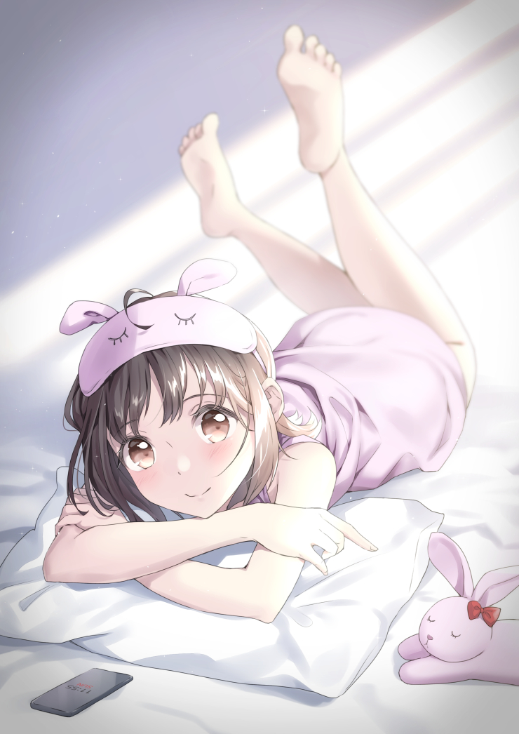 1girl ahoge bangs bare_arms barefoot blurry brown_eyes brown_hair cellphone crossed_arms depth_of_field eyebrows_visible_through_hair feet folded_leg indoors light_blush light_particles light_rays looking_at_viewer lying mask mask_on_head medium_hair nightgown on_bed on_stomach original phone pillow sleep_mask smartphone smile solo stuffed_animal stuffed_bunny stuffed_toy sunbeam sunlight the_pose unya_(unya-unya)