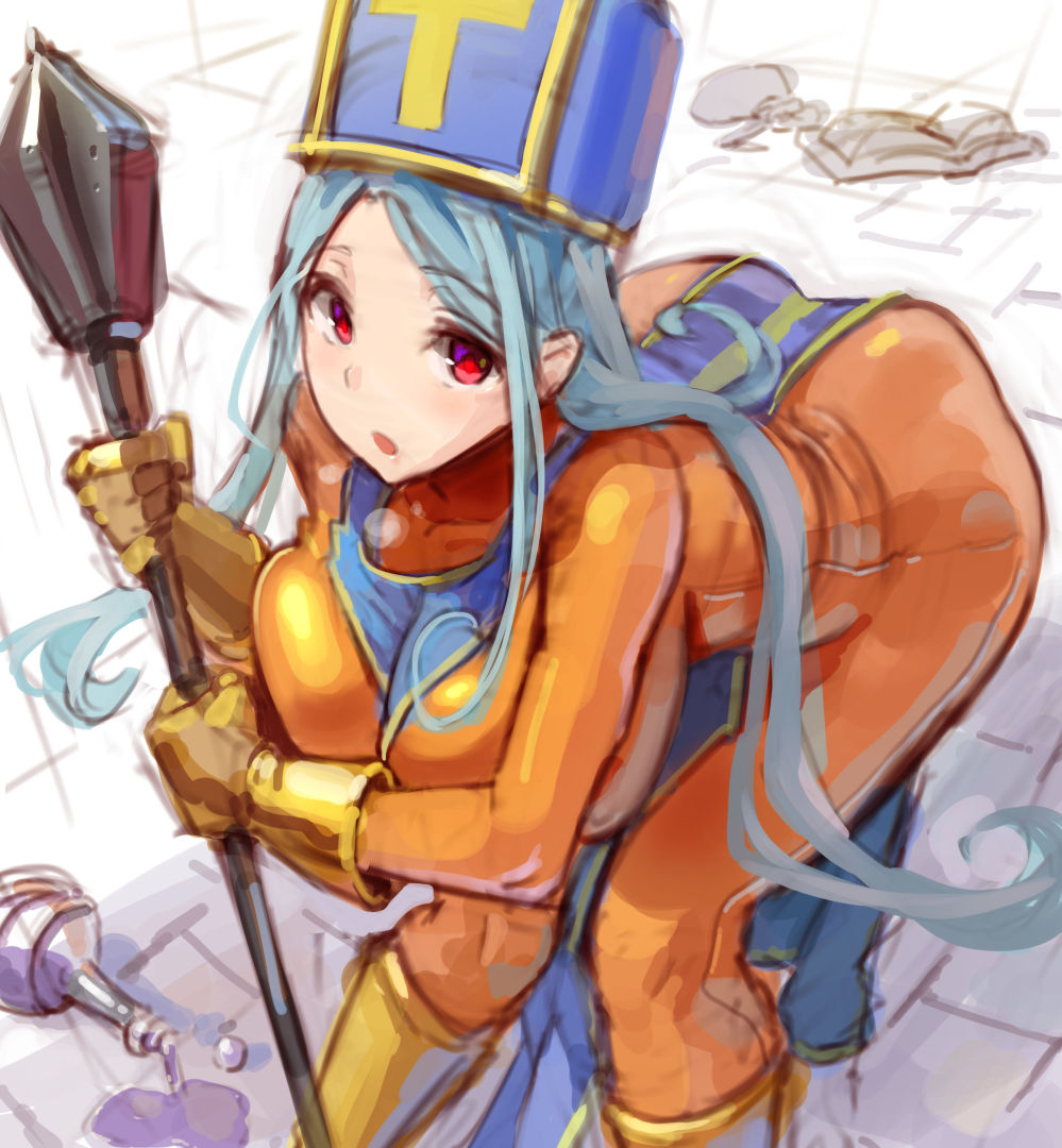 1girl :o bent_over blue_hair bodysuit breasts dragon_quest dragon_quest_iii gloves kazo large_breasts long_hair looking_at_viewer mitre orange_bodysuit priest_(dq3) red_eyes solo spill yellow_gloves