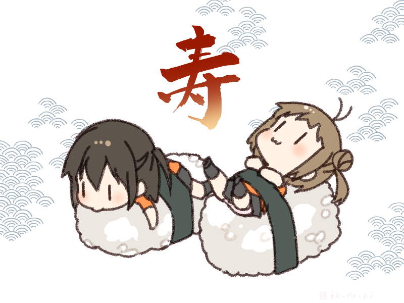 2girls black_skirt blush brown_hair food hair_bun japanese_clothes kanji kantai_collection koruri multiple_girls naka_(kantai_collection) onigiri rice scarf school_uniform sendai_(kantai_collection) serafuku short_hair skirt white_scarf