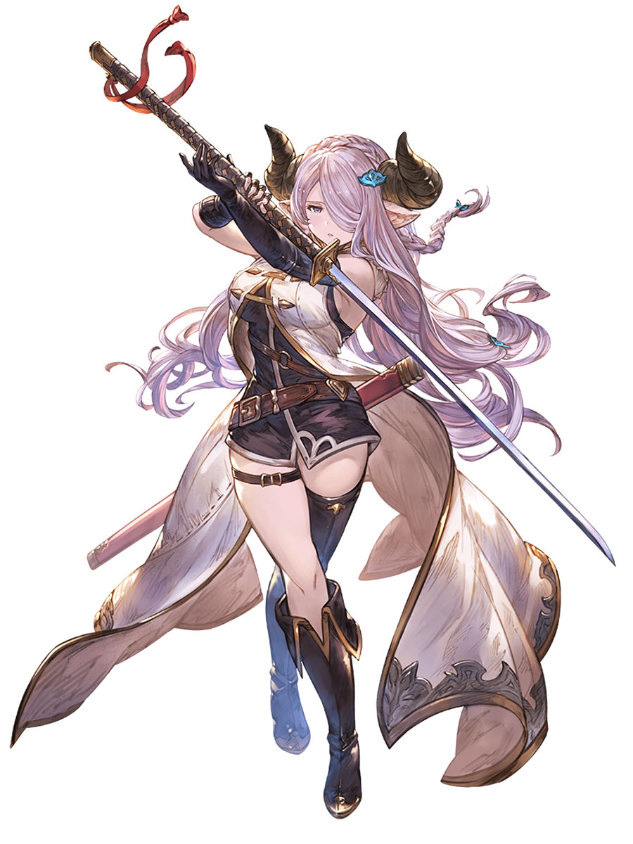 1girl asymmetrical_footwear bare_shoulders belt blue_eyes boots braid coat draph elbow_gloves fingerless_gloves full_body gloves granblue_fantasy granblue_fantasy_versus hair_ornament hair_over_one_eye highres holding holding_sword holding_weapon horns katana knee_boots minaba_hideo narmaya_(granblue_fantasy) official_art parted_lips pink_hair pointy_ears sheath simple_background sleeveless solo standing sword thigh-highs thigh_boots thigh_strap tied_hair weapon white_background