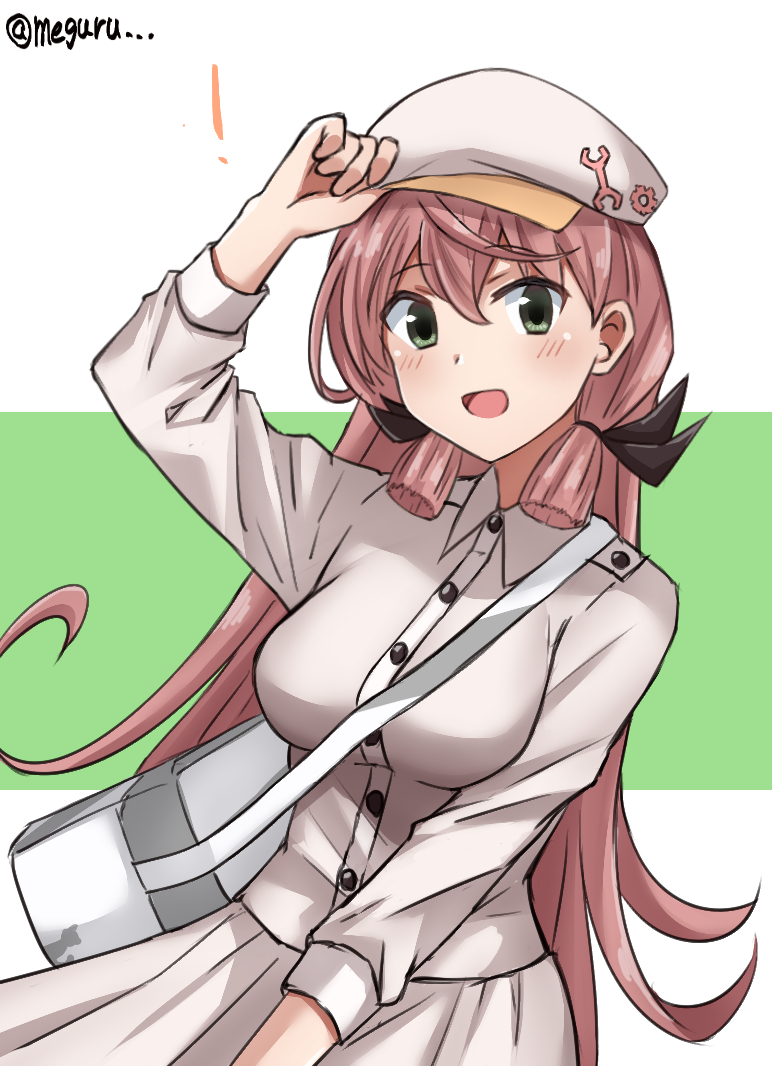 1girl akashi_(kantai_collection) alternate_costume bag beret commentary_request green_eyes hair_ribbon handbag hat kantai_collection long_hair looking_at_viewer meguru_(megurunn) pink_hair pleated_skirt ribbon shirt skirt solo tress_ribbon twitter_username two-tone_background white_background white_headwear white_shirt white_skirt