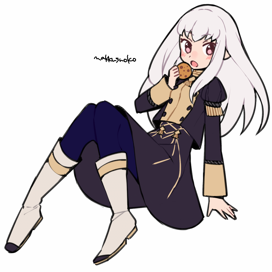 1girl artist_name blue_legwear boots cookie do_m_kaeru eating fire_emblem fire_emblem:_three_houses food full_body garreg_mach_monastery_uniform holding long_hair long_sleeves lysithea_von_ordelia open_mouth pink_eyes solo uniform white_hair