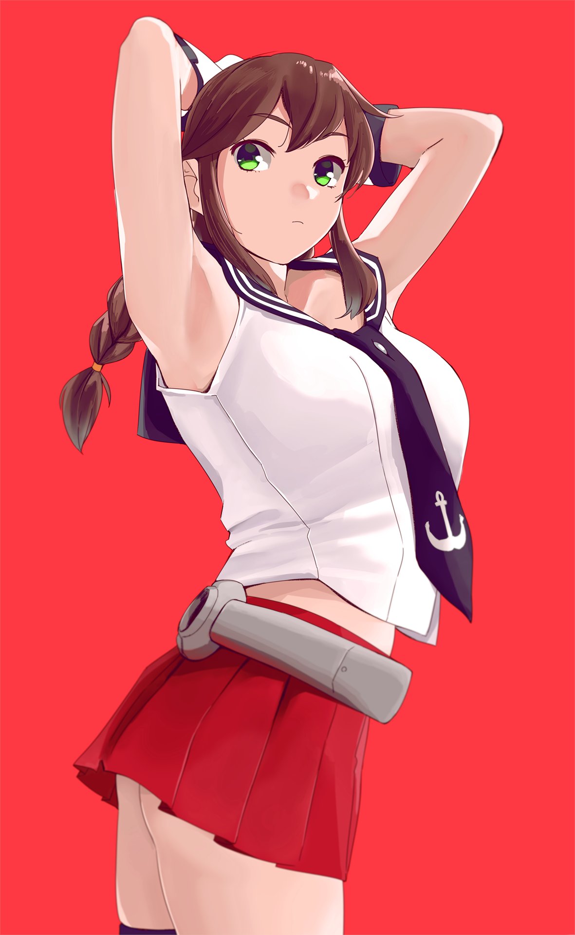 1girl anchor_symbol armpits arms_up bangs black_neckwear black_sailor_collar braid brown_hair cowboy_shot gloves green_eyes highres kantai_collection looking_at_viewer midriff necktie noshiro_(kantai_collection) ojipon pleated_skirt red_background red_skirt sailor_collar school_uniform serafuku shirt simple_background single_thighhigh skirt sleeveless sleeveless_shirt solo swept_bangs thigh-highs twin_braids white_gloves