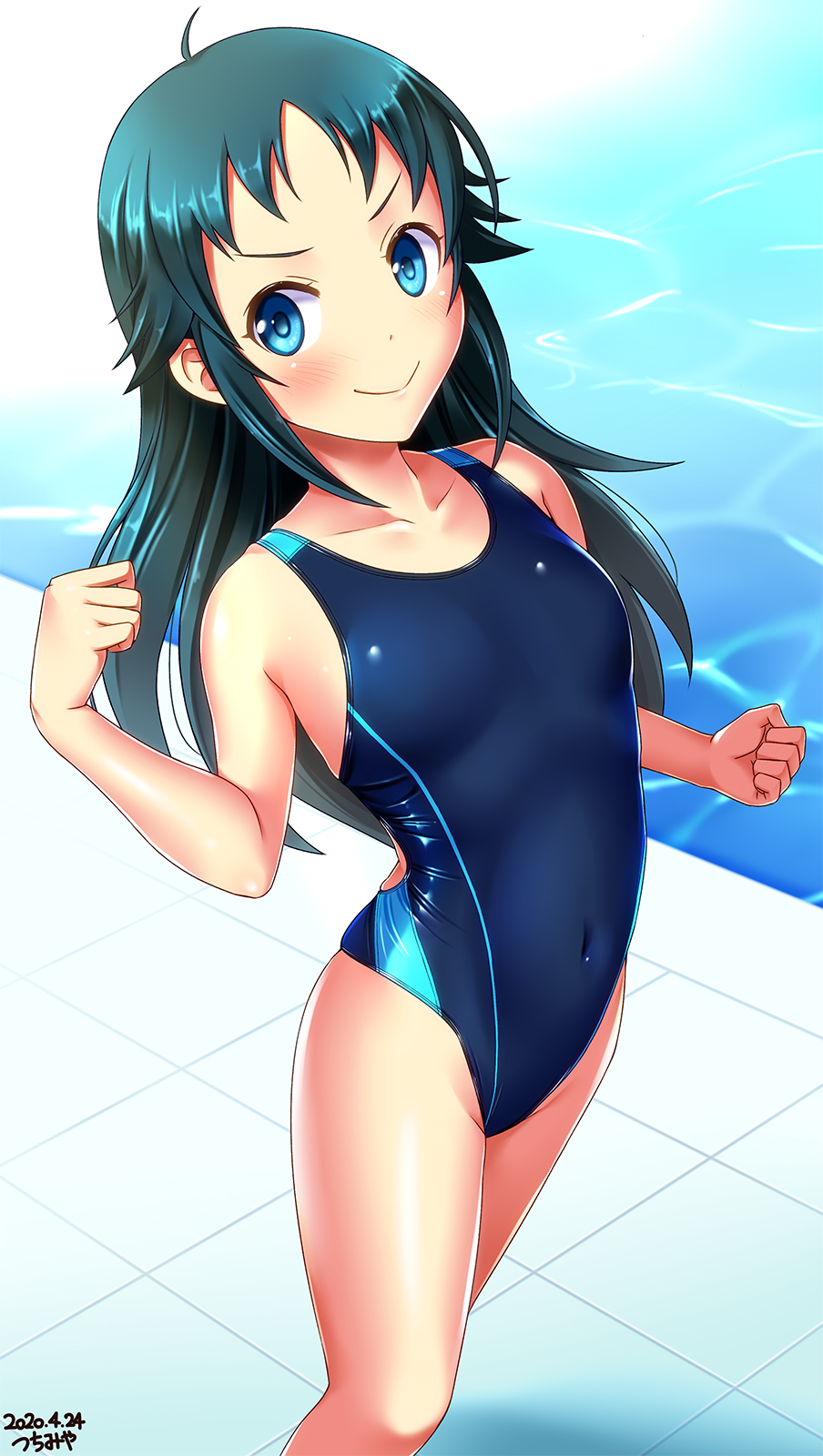 1girl artist_name blue_eyes blue_swimsuit collarbone competition_swimsuit covered_navel cowboy_shot dated eyebrows flat_chest floor forehead from_above highleg highleg_swimsuit highres idolmaster idolmaster_cinderella_girls indoors looking_up nanjou_hikaru one-piece_swimsuit pool poolside rei_no_pool skindentation solo sunlight swimsuit tsuchimiya water waves