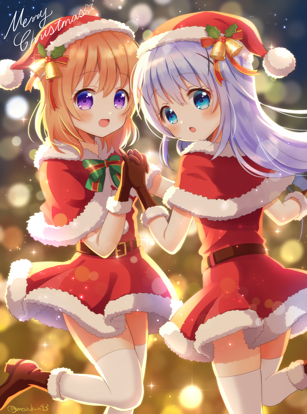 2girls :d :o bangs bell belt blue_eyes blurry blurry_background blush bokeh boots brown_footwear brown_gloves capelet commentary depth_of_field dress eyebrows_visible_through_hair fur_trim gloves gochuumon_wa_usagi_desu_ka? hair_bell hair_between_eyes hair_ornament hat high_heel_boots high_heels highres holding_hands hoto_cocoa interlocked_fingers kafuu_chino lavender_hair long_hair looking_at_viewer medium_hair merry_christmas mozukun43 multiple_girls open_mouth orange_hair santa_costume santa_hat smile standing standing_on_one_leg thigh-highs twitter_username violet_eyes white_legwear x_hair_ornament zettai_ryouiki