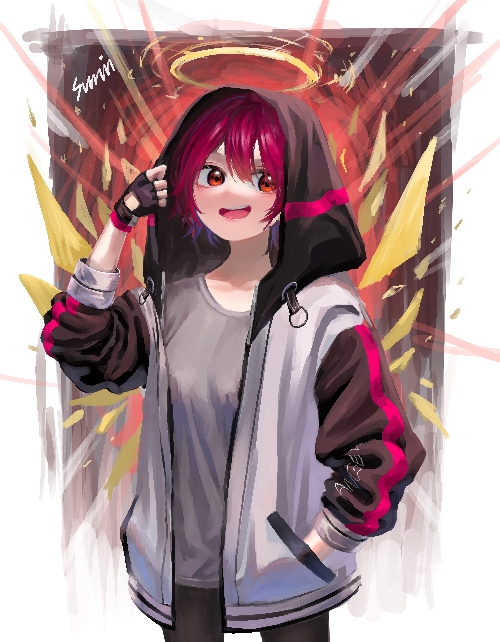1girl abstract abstract_background arknights artist_name bangs black_gloves black_legwear brown_eyes exusiai_(arknights) fingerless_gloves gloves grey_shirt hair_between_eyes halo hand_in_pocket holding hood hood_up hooded_jacket jacket long_sleeves looking_to_the_side open_mouth pantyhose purple_hair shirt short_hair smile solo standing sumin_05 teeth upper_body white_jacket