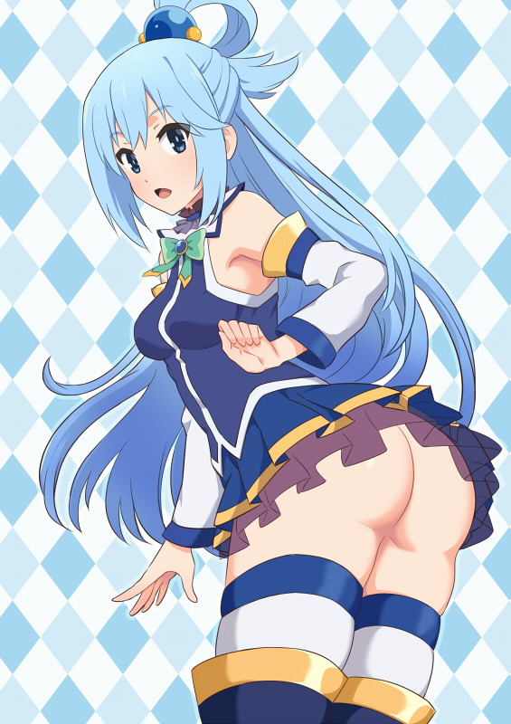 1girl aqua_(konosuba) aqua_hair argyle argyle_background ass blue_background blue_eyes blue_footwear blue_shirt blue_skirt boots bow bowtie breasts brooch collar cowboy_shot detached_sleeves eyebrows_visible_through_hair frilled_collar frilled_skirt frills green_neckwear hair_bobbles hair_ornament hair_rings jewelry kono_subarashii_sekai_ni_shukufuku_wo! long_hair looking_at_viewer medium_breasts miniskirt miripippo no_panties open_mouth patterned_background pleated_skirt shirt simple_background skirt sleeveless sleeveless_shirt solo standing thigh-highs thigh_boots thighhighs_under_boots thighs twisted_torso two-tone_background white_background white_legwear