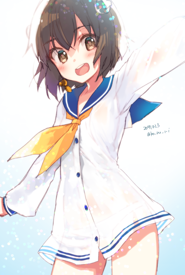 1girl blue_background brown_eyes brown_hair cowboy_shot dated dress gradient gradient_background headgear headset kantai_collection koruri looking_at_viewer neckerchief open_mouth outstretched_arms round_teeth sailor_dress short_dress short_hair smile solo speaking_tube_headset teeth twitter_username upper_teeth yellow_neckwear yukikaze_(kantai_collection)