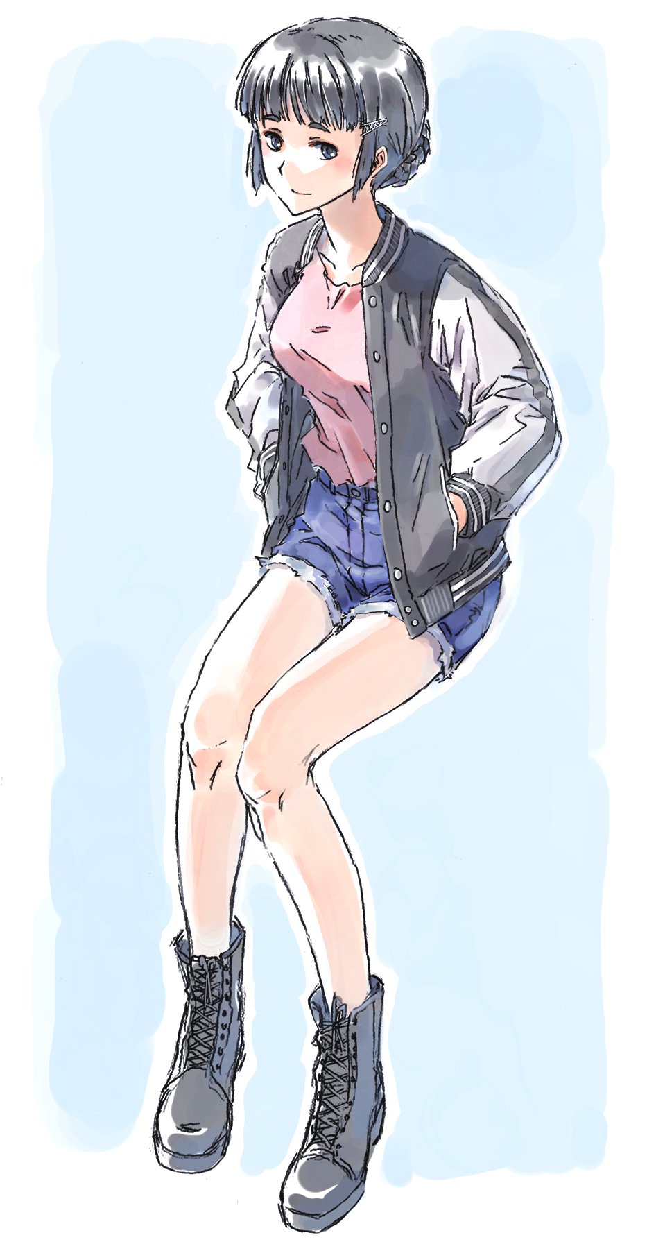 1girl black_footwear black_hair blue_background blue_shorts boots braid braided_bun brown_eyes casual commentary_request cross-laced_footwear cutoffs denim denim_shorts full_body hair_bun hands_in_pockets highres jacket kantai_collection lace-up_boots letterman_jacket long_hair looking_at_viewer myoukou_(kantai_collection) pink_shirt shirt shorts sitting solo suzumaru