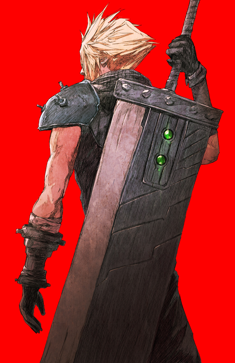 1boy black_gloves blonde_hair buster_sword chun_lo cloud_strife dragonslayer_(sword) english_commentary final_fantasy final_fantasy_vii final_fantasy_vii_remake from_behind gloves highres holding holding_sword holding_weapon huge_weapon male_focus materia red_background ribbed_shirt shirt shoulder_armor sleeveless sleeveless_turtleneck spiky_hair standing sword sword_behind_back turtleneck weapon