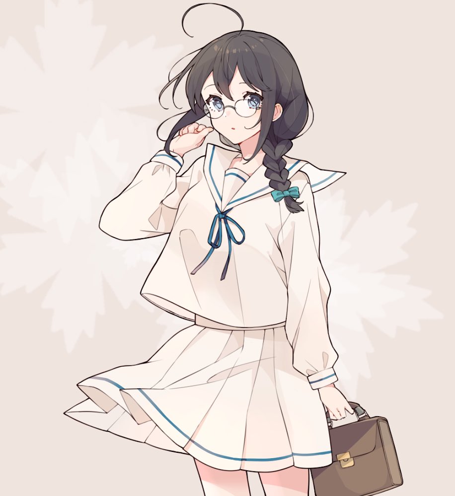 1girl ahoge alternate_costume bag bespectacled black_hair blue_eyes braid commentary_request cowboy_shot glasses holding holding_bag kantai_collection long_sleeves school_uniform shakemi_(sake_mgmgmg) shigure_(kantai_collection)