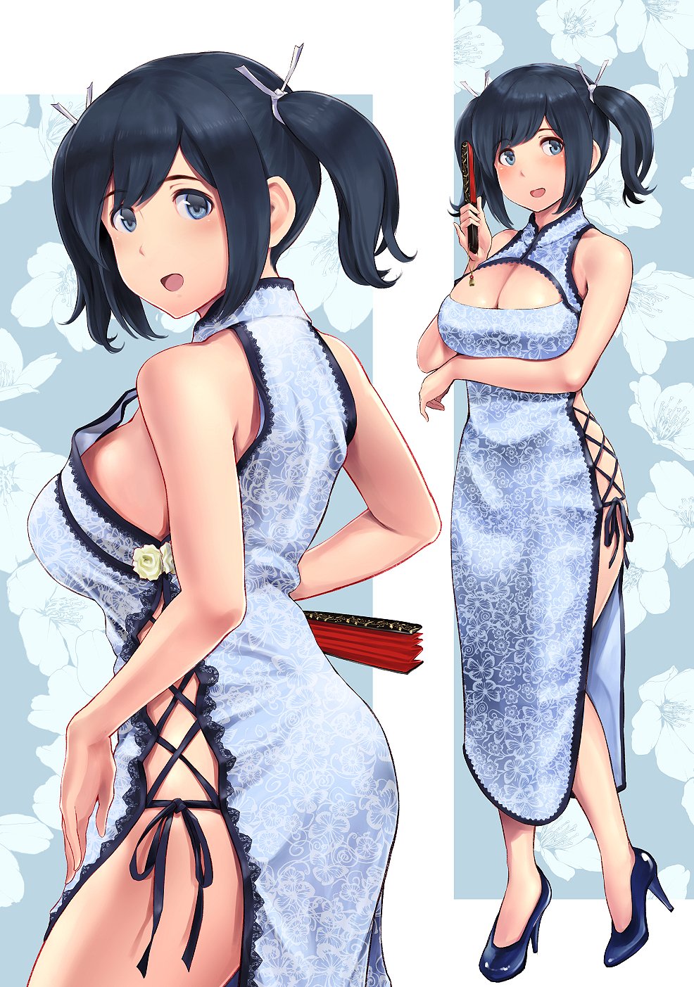 1girl alternate_costume ass bangs black_hair blue_eyes blue_hair blush breasts china_dress chinese_clothes cleavage_cutout closed_fan commentary_request cowboy_shot dress eyebrows_visible_through_hair fan floral_background folding_fan from_behind full_body hair_ribbon highres kantai_collection large_breasts long_hair looking_at_viewer multiple_views open_mouth ribbon short_hair side-tie_dress sideboob simple_background smile souryuu_(kantai_collection) twintails two-tone_background wa_(genryusui) white_dress