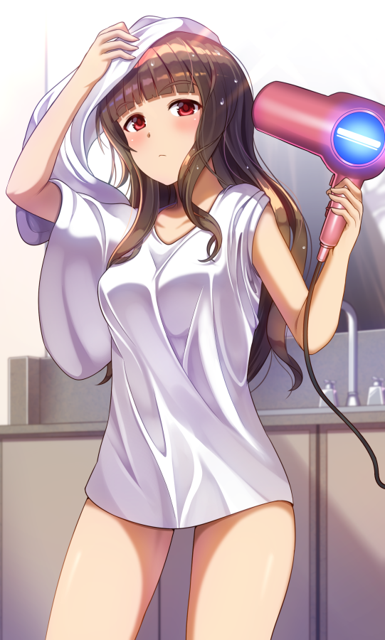 1girl arm_up bangs bare_arms bathroom blunt_bangs blush breasts brown_hair closed_mouth commentary_request cowboy_shot drying drying_hair expressionless faucet hair_dryer holding idolmaster idolmaster_cinderella_girls indoors kamiya_nao long_hair looking_at_viewer medium_breasts mirror no_pants red_eyes shirt short_sleeves sidelocks sleeves_pushed_up solo thighs towel white_shirt z.nov