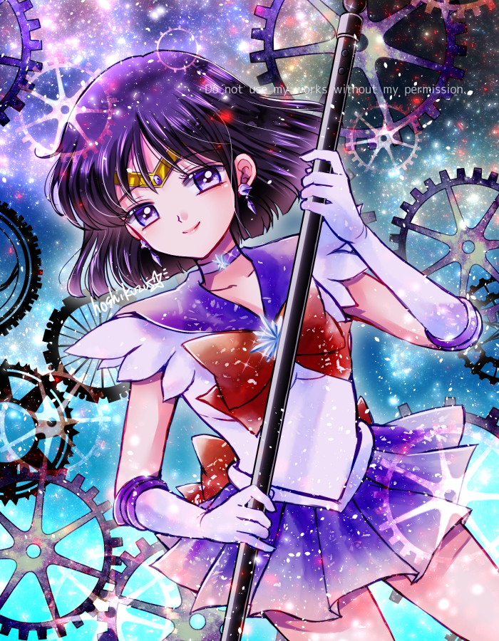 1girl abstract_background back_bow bishoujo_senshi_sailor_moon bow brooch brown_bow choker circlet closed_mouth cowboy_shot earrings elbow_gloves gears gloves holding holding_staff hoshikuzu_(milkyway792) jewelry looking_at_viewer magical_girl pleated_skirt purple_hair purple_neckwear purple_sailor_collar purple_skirt repost_notice sailor_collar sailor_saturn sailor_senshi_uniform short_hair signature skirt smile solo staff star star_choker tomoe_hotaru violet_eyes white_gloves