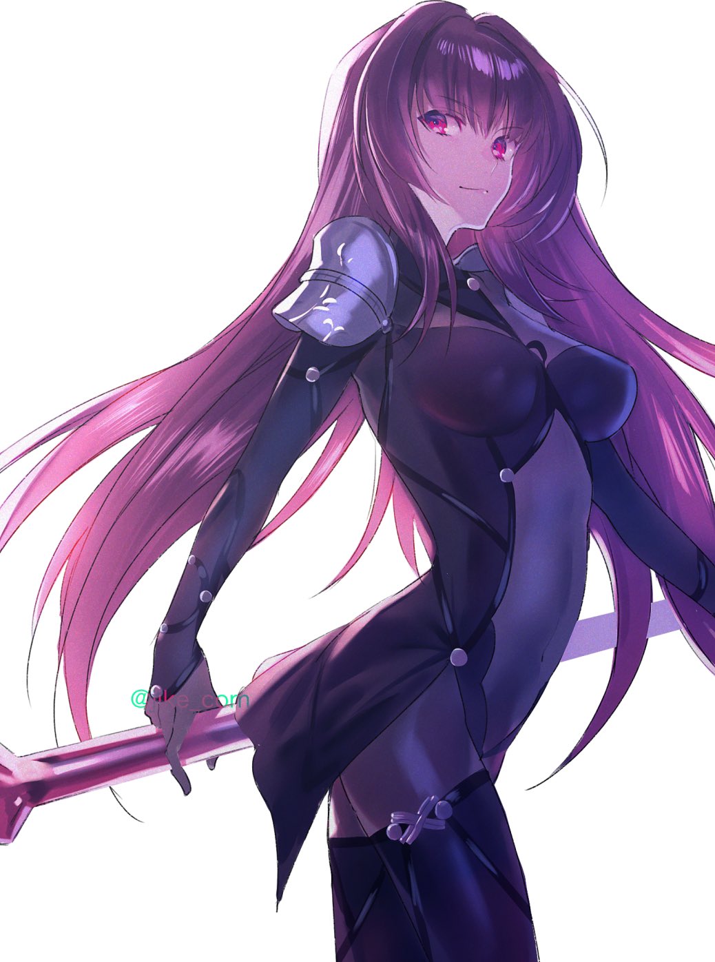 1girl bodysuit breasts covered_navel fate/grand_order fate_(series) gae_bolg hair_intakes highres hitsujike_(hamsterhouse) holding holding_weapon large_breasts leotard long_hair looking_at_viewer pauldrons polearm purple_bodysuit purple_hair purple_leotard red_eyes scathach_(fate)_(all) scathach_(fate/grand_order) shoulder_armor simple_background smile spear weapon white_background