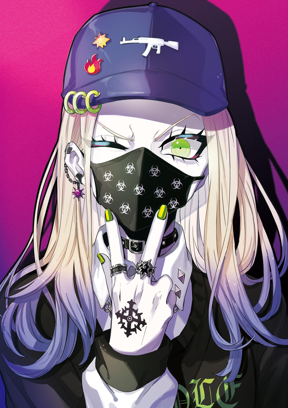 1girl badge baseball_cap blonde_hair button_badge chain choker clothes_writing collared_shirt cross ear_clip earrings eyelashes furrowed_eyebrows gradient gradient_background gradient_hair green_eyes green_nails gun_print hand_tattoo hat highres jewelry long_hair long_sleeves looking_at_viewer mask mouth_mask multicolored_hair multiple_rings nail_polish one_eye_closed original pale_skin pink_background print_headwear print_mask pullover puppeteer7777 purple_background purple_hair purple_headwear ring shirt solo spikes sweater two-tone_hair upper_body w