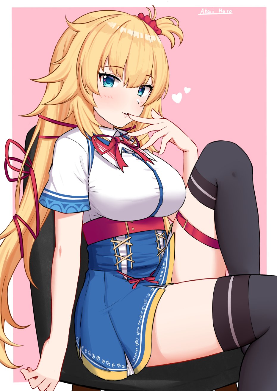 1girl akai_haato artist_request black_legwear blonde_hair blue_eyes breasts chair character_name finger_to_mouth hair_ornament hair_ribbon heart heart_hair_ornament highres hololive knee_up large_breasts leg_strap long_hair ribbon school_uniform short_sleeves sitting solo thigh-highs virtual_youtuber