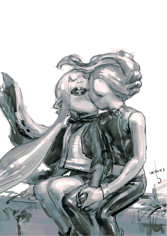 1boy 1girl bangs banonefans bike_shorts black_shorts blunt_bangs blush closed_eyes couple domino_mask fangs hands_clasped hetero inkling kiss long_hair makeup mascara mask mohawk octarian octoling own_hands_together pointy_ears short_hair shorts single_sleeve single_vertical_stripe splatoon_(series) splatoon_2 splatoon_2:_octo_expansion squidbeak_splatoon suction_cups tentacle_hair vest