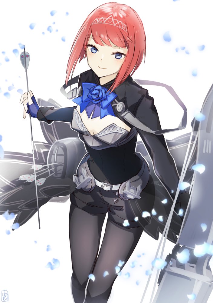 1girl alternate_color ark_royal_(kantai_collection) arrow bangs black_corset black_legwear black_shorts blue_eyes blue_flower blue_gloves blue_ribbon blue_rose blunt_bangs bob_cut bow_(weapon) breasts cleavage_cutout commentary_request compound_bow corset cowboy_shot fingerless_gloves flower gloves hairband inverted_bob jacket kantai_collection long_sleeves looking_at_viewer machinery overskirt pantyhose redhead ribbon rose short_hair shorts small_breasts solo standing tiara weapon white_background yamashiki_(orca_buteo)