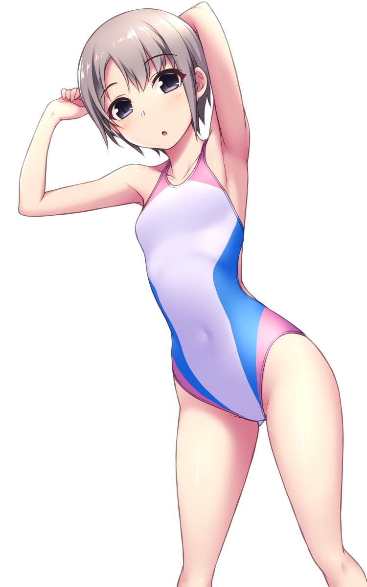 1girl collarbone commentary_request competition_swimsuit covered_navel feet_out_of_frame flat_chest grey_eyes grey_hair highres idolmaster idolmaster_cinderella_girls looking_at_viewer multicolored multicolored_clothes multicolored_swimsuit one-piece_swimsuit otokura_yuuki pataniito short_hair simple_background solo standing swimsuit white_background white_swimsuit