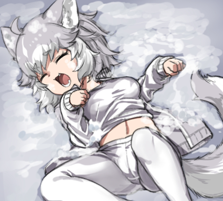 1girl animal_ears blush breasts dog_(mixed_breed)_(kemono_friends) dog_ears dog_tail grey_hair kemono_friends large_breasts lowres lying multicolored_hair nyifu on_back open_mouth pantyhose short_hair smile snow snowing tail teeth white_hair white_legwear