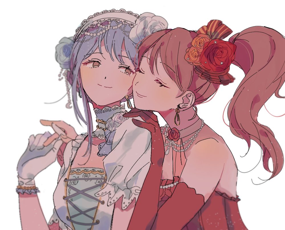 2girls alternate_hairstyle bang_dream! blue_flower blue_rose bow brown_eyes brown_hair closed_eyes commentary_request cross-laced_clothes detached_collar earrings elbow_gloves flower gloves hair_bow hair_flower hair_ornament hair_up hairband hand_on_another's_shoulder holding_hands imai_lisa jewelry korean_commentary lace-trimmed_hairband looking_at_another minato_yukina multiple_girls necklace orange_flower orange_rose pearl_necklace red_flower red_gloves red_rose res2shuu rose short_sleeves side_ponytail silver_hair simple_background single_elbow_glove single_sidelock smile striped striped_bow u_u upper_body white_background white_flower white_gloves white_hairband white_rose yuri